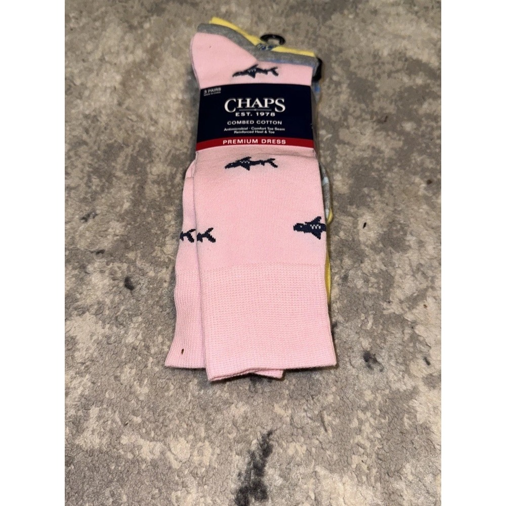Chaps Socks 3 Pairs Pink Yellow Cotton Sz 10-13 Mens Dress Fish Turtles NEW